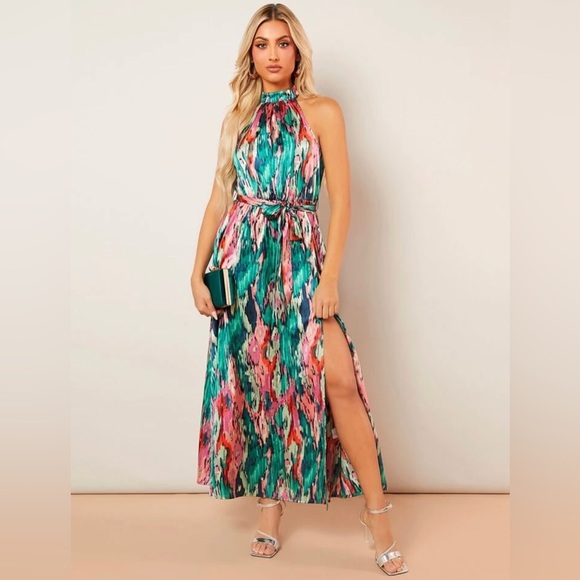 5 for $25! 💕 SHEIN Clasi Allover Print Split Thigh Belted Halter Dress - Picture 7 of 7